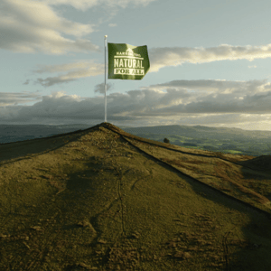 green flag that has natural for all on tall hill in countryside